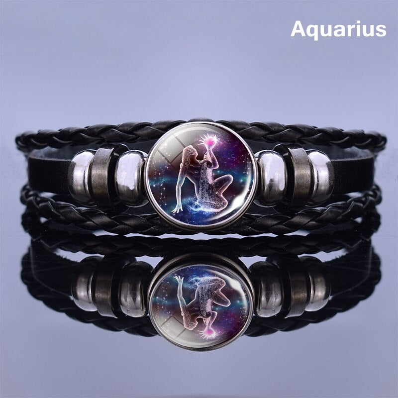 12 Zodiac Signs Glass Dome Leather Bracelet