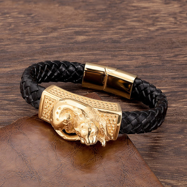 Pulsera de cuerda trenzada de lujo de cuero genuino con joyería punk de acero inoxidable dorado para hombre