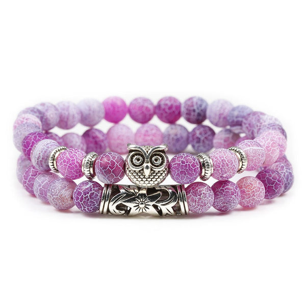 Juego de 2 pulseras de búho con cuentas de pino azul y cuentas clásicas de piedra de lava natural.