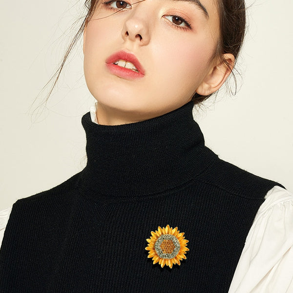Broche de girasol con diamantes de imitación amarillos de lujo, broches de flores y plantas para mujer