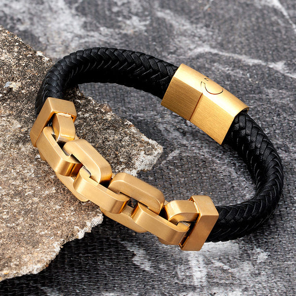Pulsera de cuero de acero inoxidable para hombre, con eslabones dorados, accesorios punk para la mano.