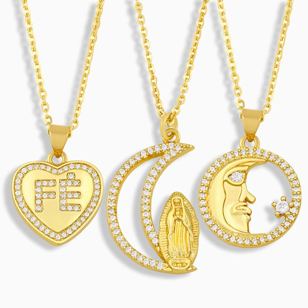 FE Heart Clavicle Necklace For Women Rhinestone Moon Virgin Mary Pendant Necklace