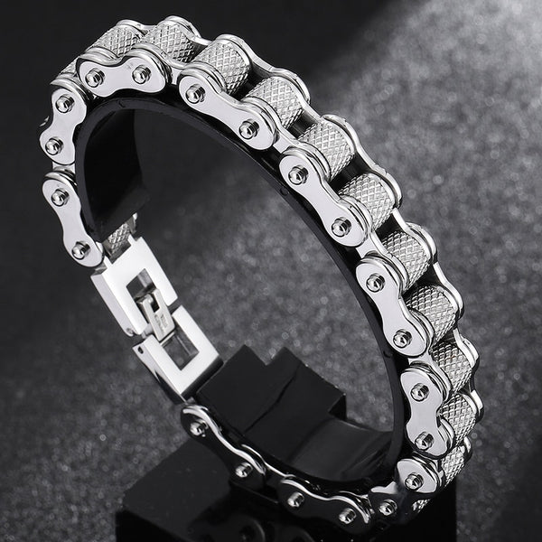 Pulsera de cadena de bicicleta para hombre de acero inoxidable de 9" y 11 mm. Pulsera de ciclismo rock and roll.