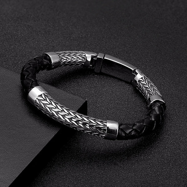 Stainless Steel Men Bracelet Retro Viking Leather Metal Bracelets