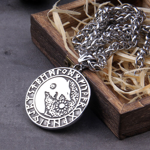 Collar nórdico vikingo de acero inoxidable 316L con runas de lobo de Odín para hombre con regalo