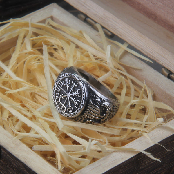 Joyería vikinga Vegvísir de acero inoxidable con anillo Ouroboros