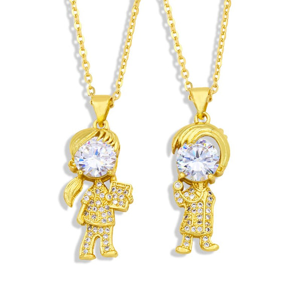 Gold Plated Boy Girl Necklace for Women Family Jewelry Copper CZ Rhinestone Necklaces