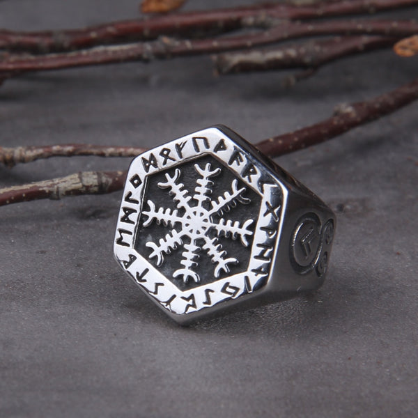 Viking Compass Vegvisir Aegishjalmur Runic Statement Ring Mens