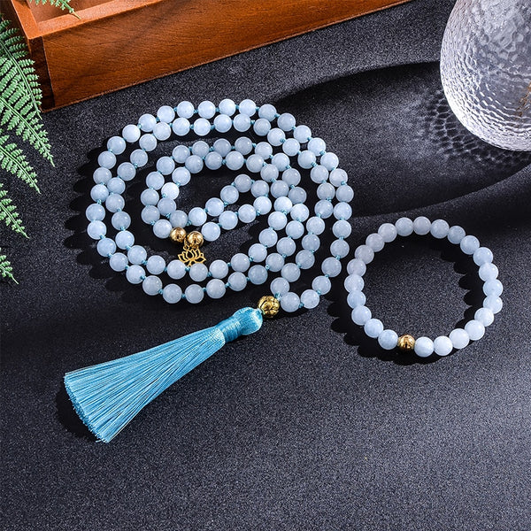 Conjunto de collar y pulsera de japamala con 108 cuentas de aguamarina de 8 mm