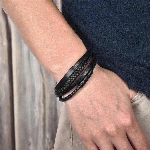 Conjunto de pulseras para hombre: pulsera de cuero con cuentas de lava natural