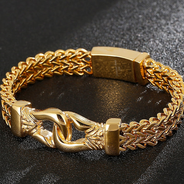 Pulsera de hombre chapada en oro de 11 mm con cadena de eslabones de doble capa de acero inoxidable y eslabones francos.