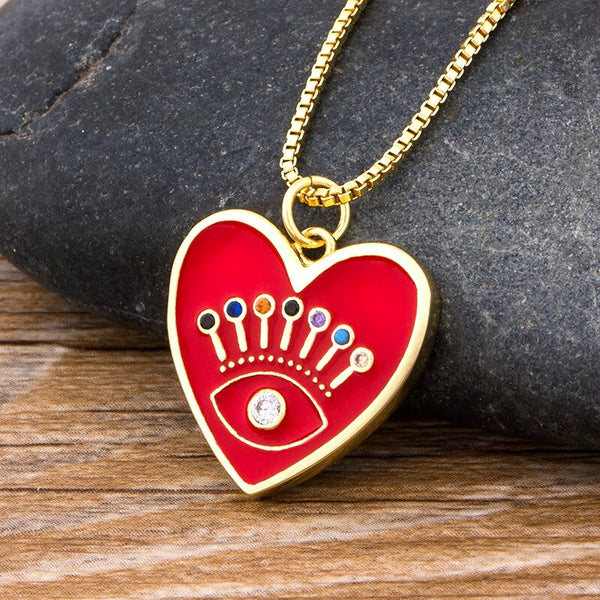 Nuevo collar de moda con forma de corazón y ojo turco malvado de la suerte, color dorado, cadena larga
