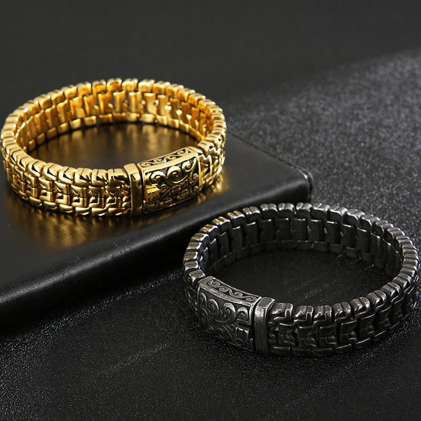 Pulseras de acero inoxidable macizo chapadas en oro para hombre.