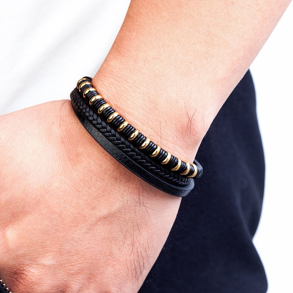 Luxury Classic Multi-layer Style Hand-woven Winding Stainless Steel Men Leather Bracelet