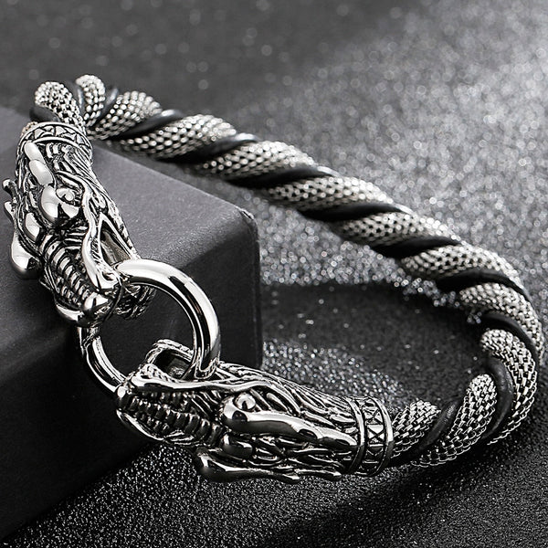 Pulseras de cuero y acero inoxidable con cadena trenzada estilo punk para hombre