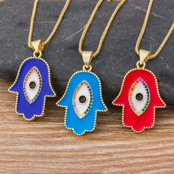 Nuevo collar de mano de Fátima con ojo azul de pavo dorado para mujer