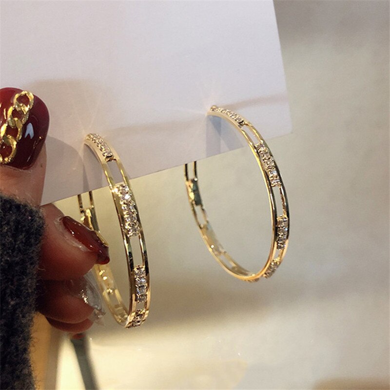 Golden Round Crystal Hoop Earrings for Women Bijoux Geometric Rhinestones Earring