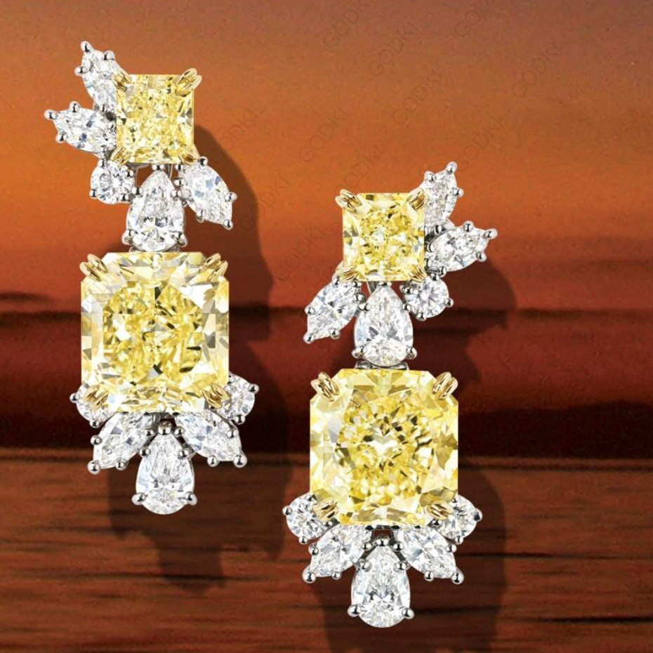 2PC Jewelry Set For Women Wedding EARRING Ring Set Yellow Cubic Zircon Crystal