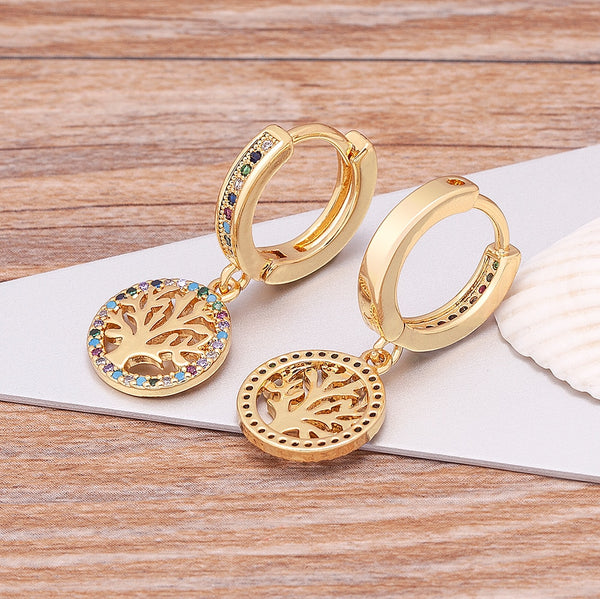 Nuevos pendientes clásicos vintage con forma de árbol de la vida y circonitas