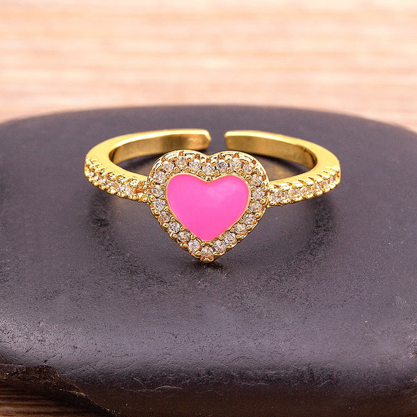 Anillos de amor con forma de corazón de esmalte de aceite y circonitas de colores brillantes