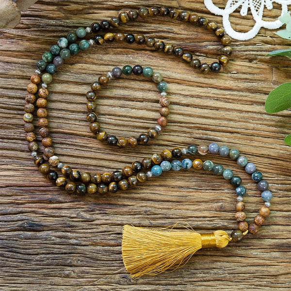 Collar de cuentas Japa Mala de ónix 108 con diseño de árbol de ágata india de ojos de tigre amarillos naturales de 8 mm