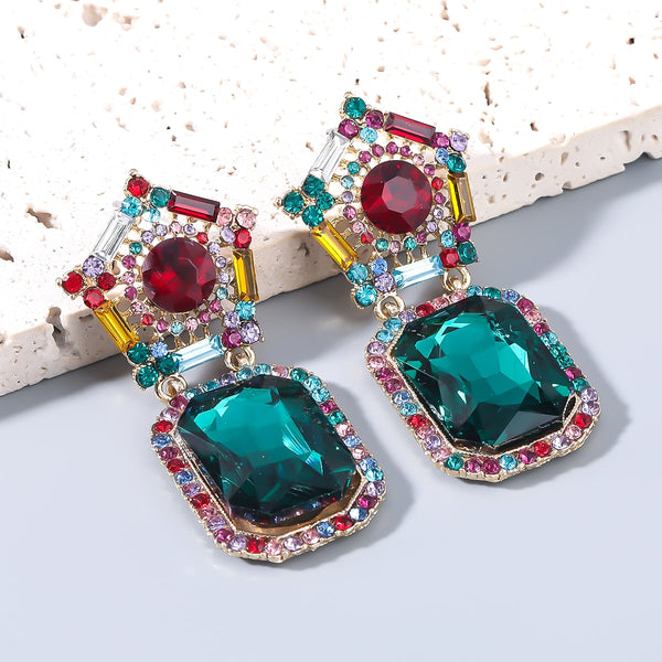 Pendientes geométricos de cristal y metal con diamantes de imitación para mujer