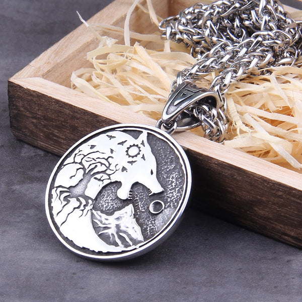Collar con colgante vikingo nórdico de acero inoxidable con cabeza de lobo y árbol de la vida para hombre Never Fade