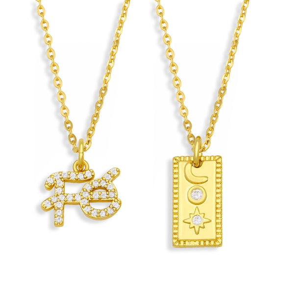 CZ Pave Rhinestone FE Necklace For Women Brass Square Moon And Star Pendant Necklace