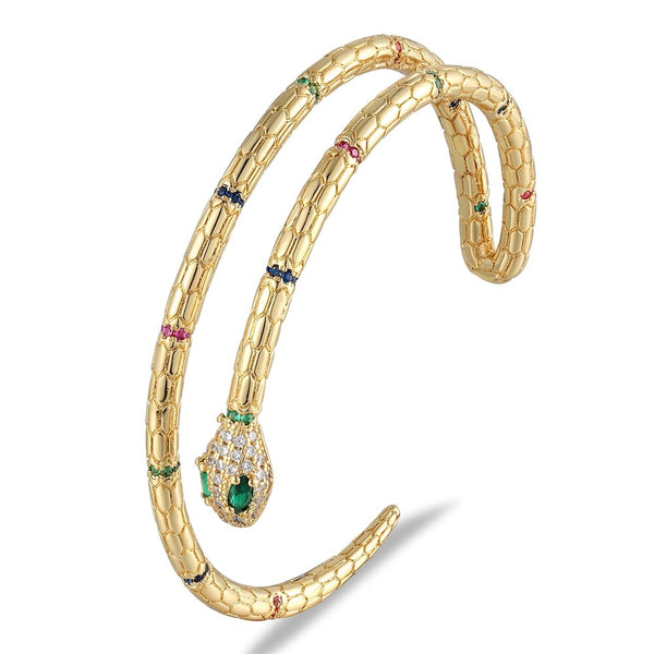 Brazaletes ajustables abiertos con forma de serpiente, de doble capa, de cobre y circonita en color dorado clásico para mujer