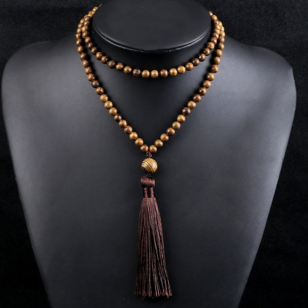 Collar con borlas de cuentas Mala 108, ojo de tigre turquesa, joyería de yoga para meditación para mujer