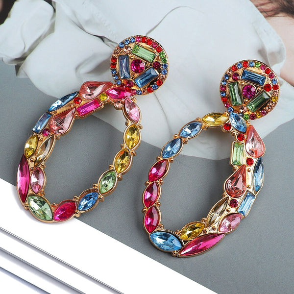 Pendientes colgantes de cristal ovalado de colores para mujer