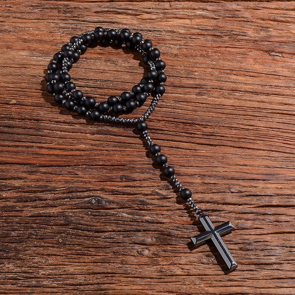 Collar con colgante de cruz de rosario cristiano católico con cuentas de ónix negro mate