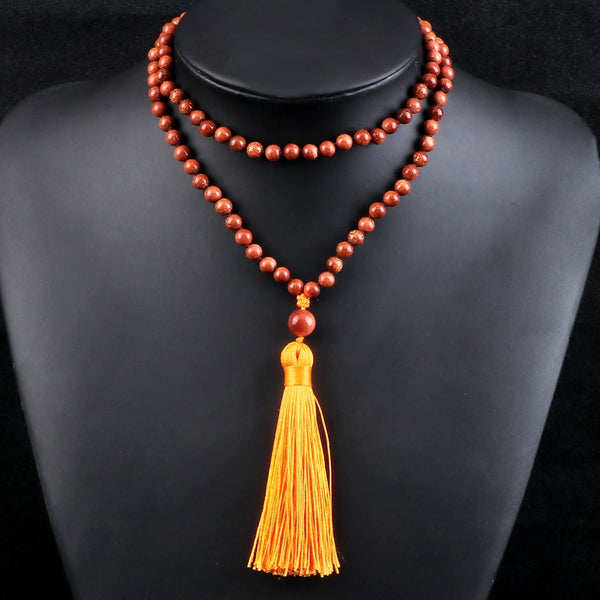 Shiny Gold Color Sandstone Beaded Mala Necklace Men