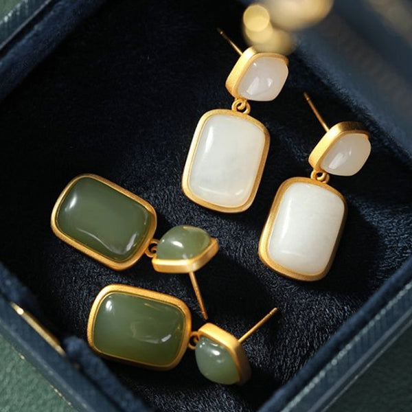 Nuevos pendientes de plata de ley con doble piedra incrustada de jade blanco natural Hotan, clásicos y suaves