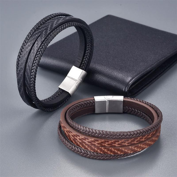 Pulsera multicapa de cuero genuino para hombre, pulsera punk negra y marrón.