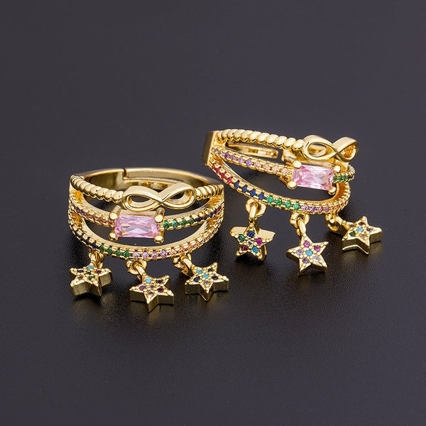 Fashion Pentagram Crystal Star Ring Copper Zircon  Multilayer Adjustable Rings For Women