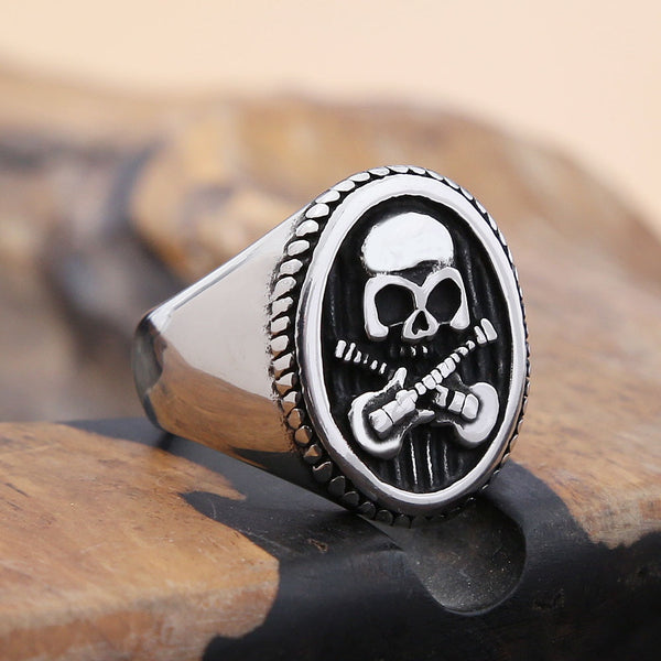 Anillo de calavera con guitarra rockera para hombre, joyería gótica, anillo de calavera de motociclista.