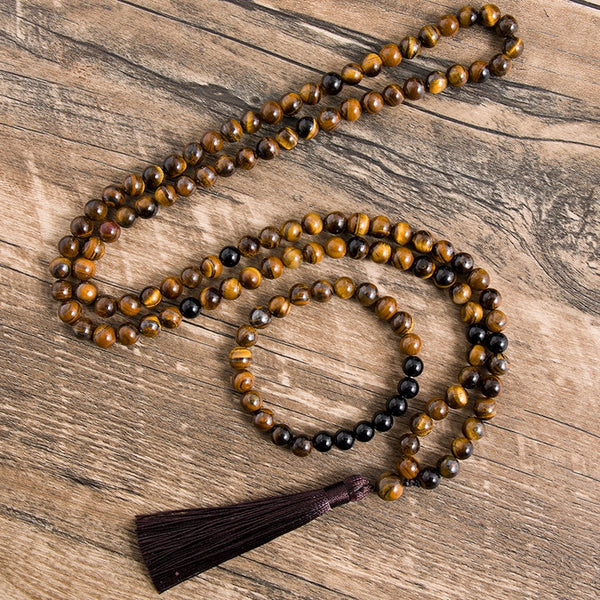 Collar de ónix negro con ojos de tigre amarillos naturales de 8 mm para meditación y yoga.
