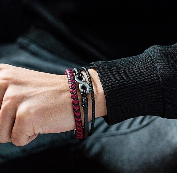 Pulsera clásica punk de cuero trenzado de metal de alta calidad