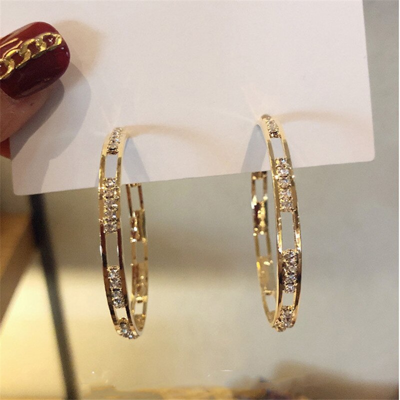 Golden Round Crystal Hoop Earrings for Women Bijoux Geometric Rhinestones Earring