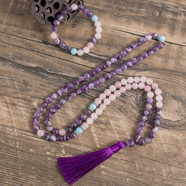 Conjunto de cuentas de cuarzo rosa y amatista natural de 8 mm