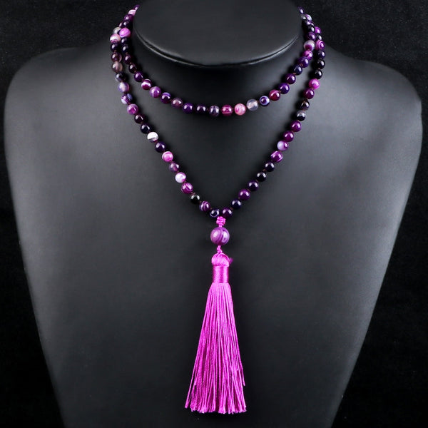 Collar bohemio con borlas Mala para mujer, 108 cuentas de piedra natural, rayas moradas, ónix