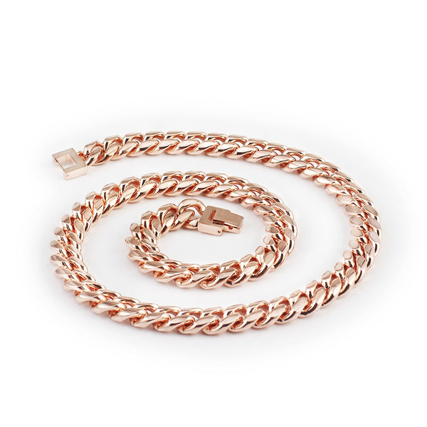 Collar de cadena cubana de moda para hombres y mujeres, de acero inoxidable 316L y oro rosa.