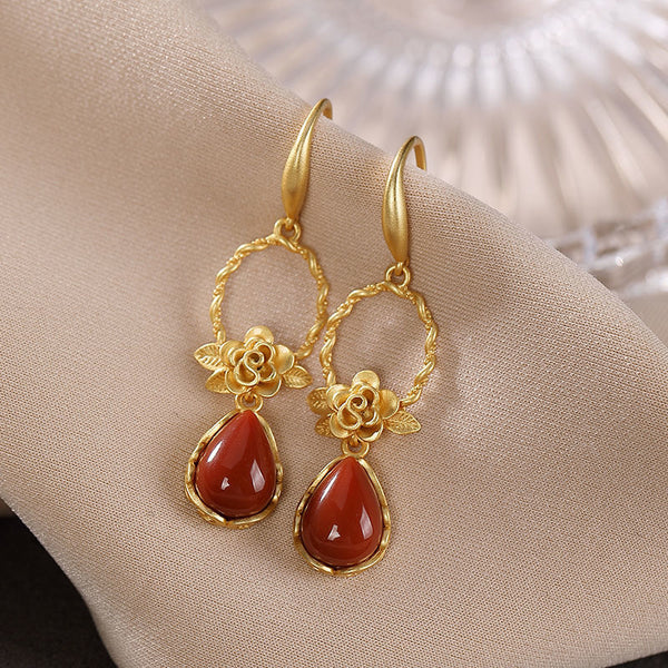 original ancient gold craftsmanship inlaid southern red tourmaline peony flower earrings