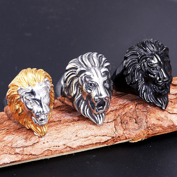 Anillo de acero inoxidable con cabeza de león, color negro, dorado y plateado, para hombre, estilo punk.