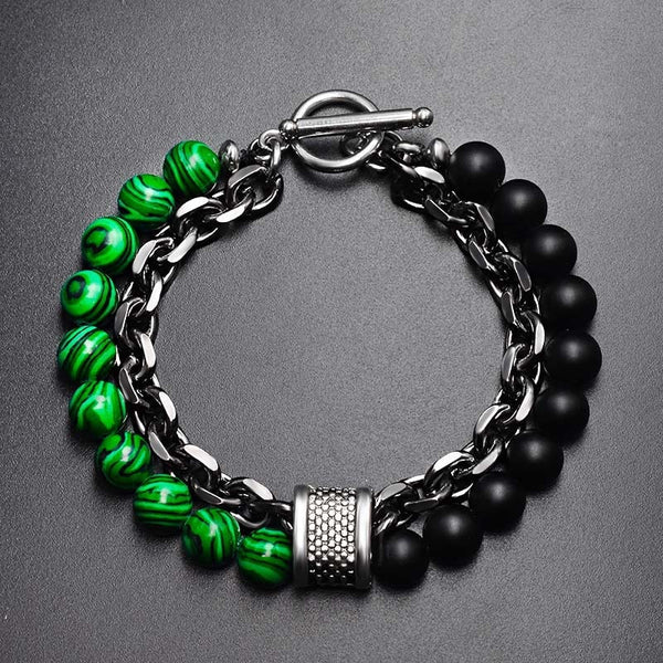 Pulsera de cadena de aleación de color negro con capas de piedra natural
