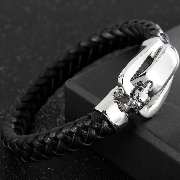 Pulsera de cuero genuino con cabeza de lobo para hombre