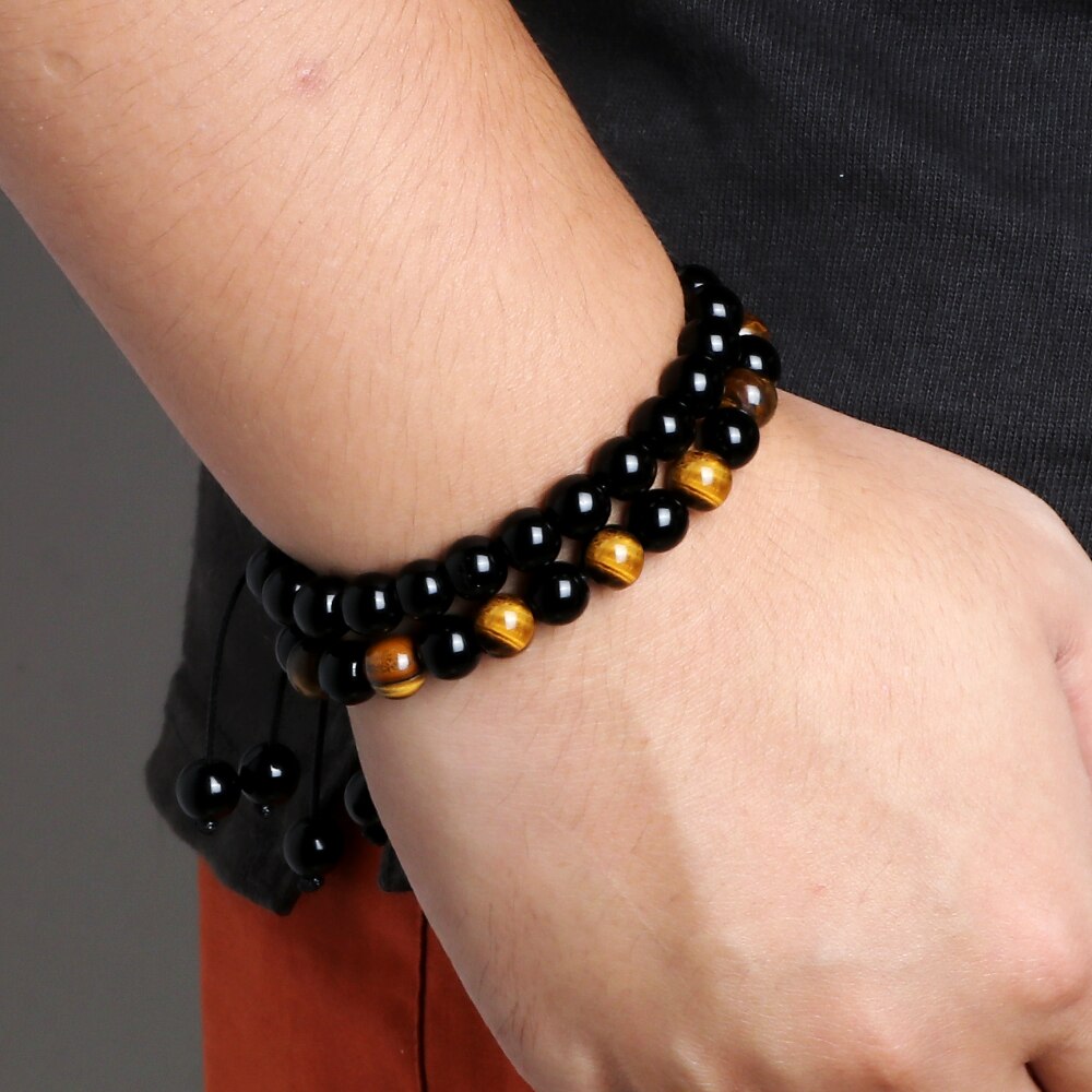 Hot 2pcs/set Men Beaded Bracelets Tiger Eye Lava Natural Stone Onyx Beaded Couple Distance Bracelets