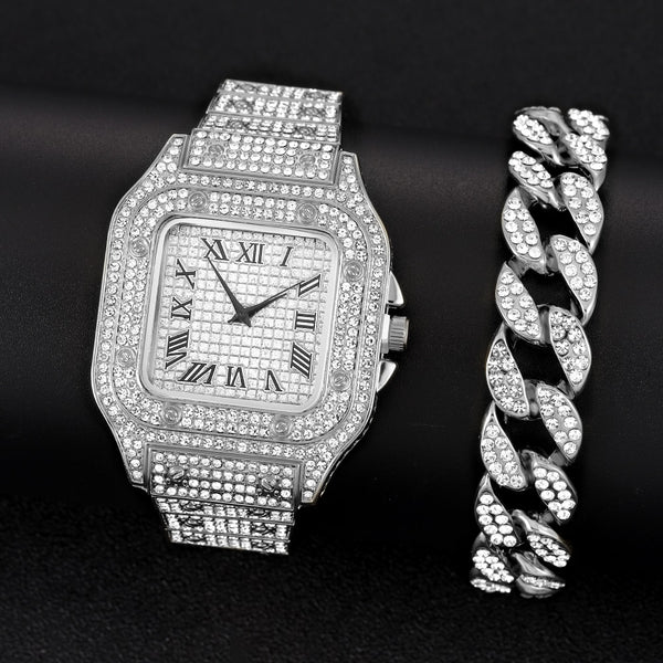 Relojes de lujo para hombre y mujer, estilo hip hop, dorado con pulsera.