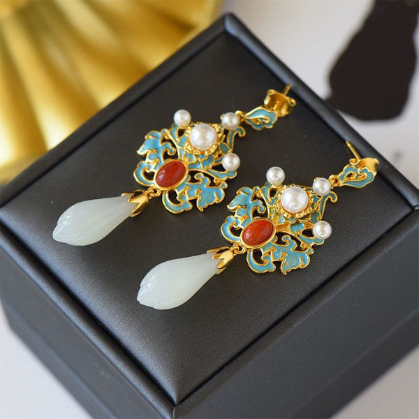 Natural Hetian White Magnolia enamel porcelain Earrings